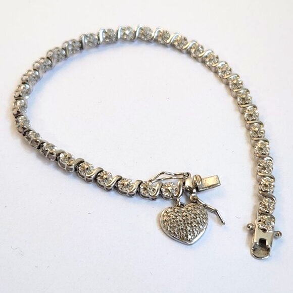 VTG 925 Ross Simons Heart Charm Pave Bracelet 7.5" - Picture 1 of 7